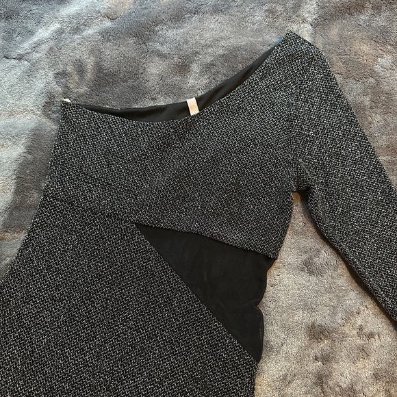 Sexy One Shoulder Black Metallic Mini Dress Bodycon Club Sheer Mesh Cut Out XS - Picture 3 of 7